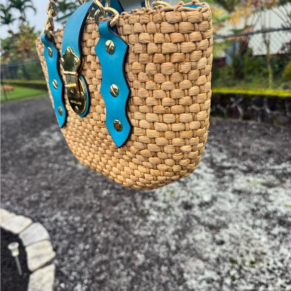 Michael Kors Straw Woven Tote Bag Turquoise Leather Gold Chain Small Summer Bag - Picture 5 of 14